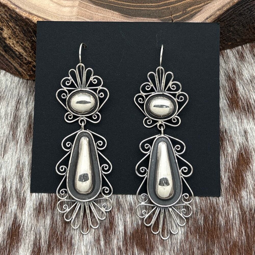 FEDERICO JIMENEZ Sterling Silver Statement Dangle Earrings Repousse & Scrolls
